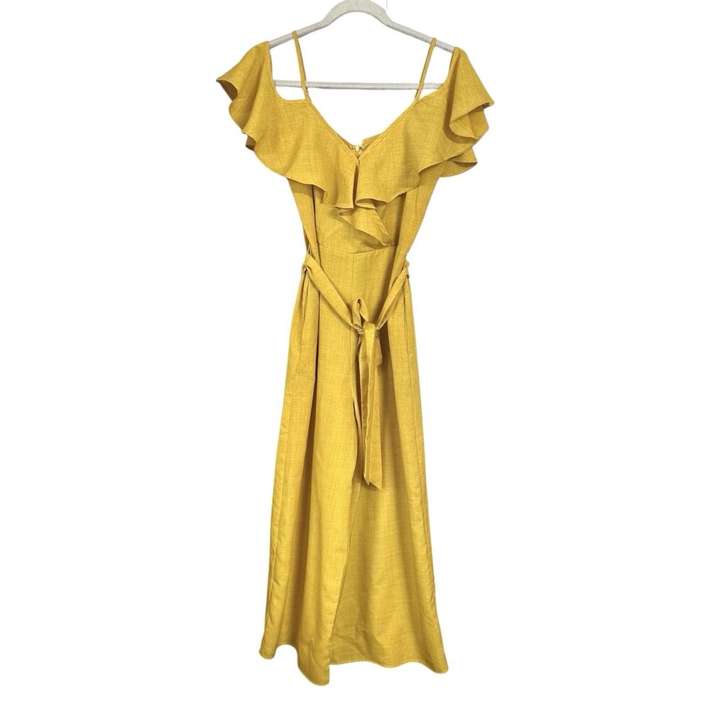 Jealous Tomato Womens Sz S Yellow V-neck Ruffled Cold Shoulder Crop Jumpsuit